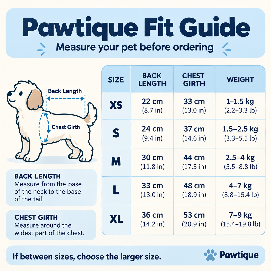 Pawtique ConfettiKnit dog cardigan size guide