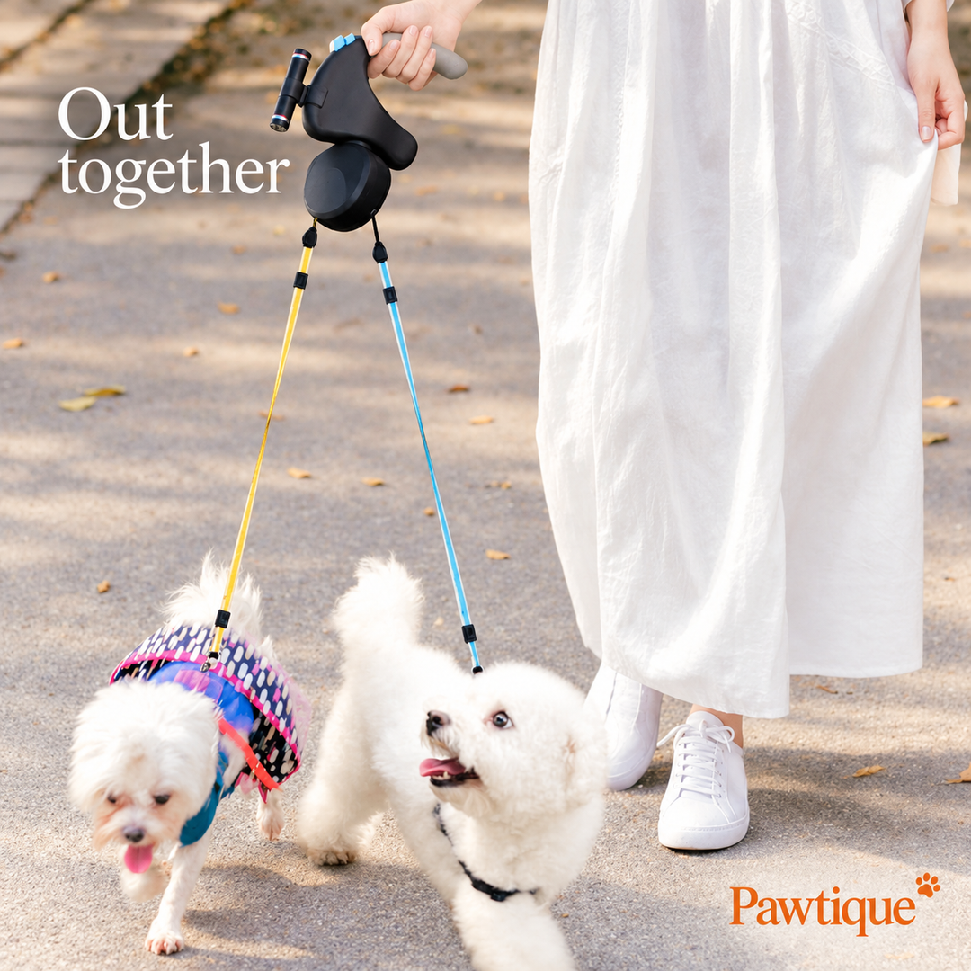 Dual retractable leash held while walking two small dogs on blue and yellow leads