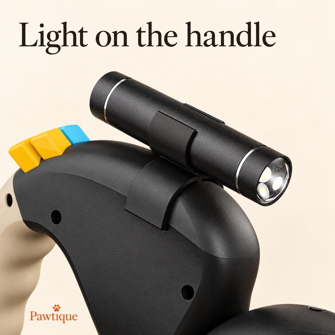 Close-up of the cylindrical flashlight mounted above the leash handle