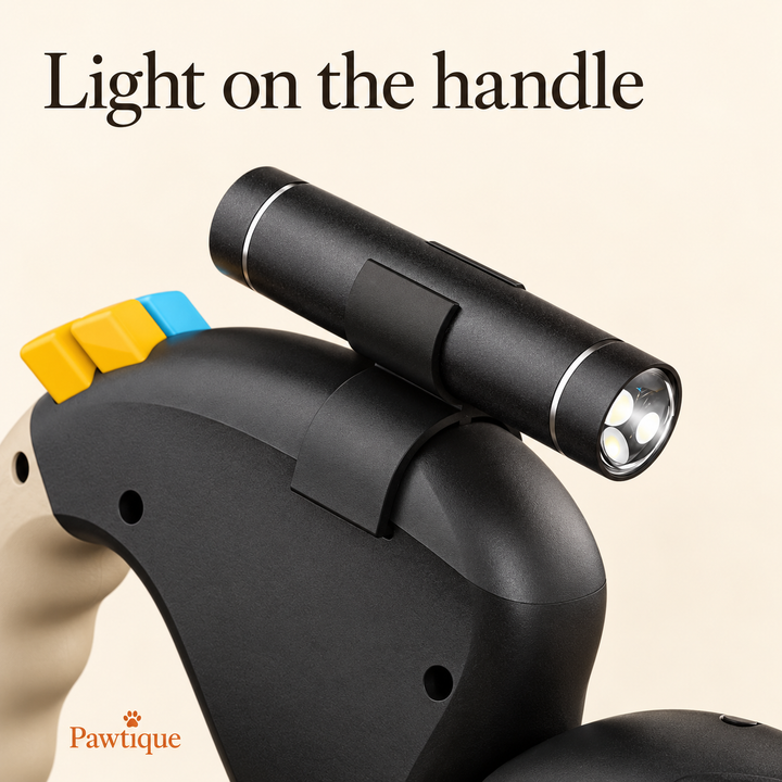 Close-up of the cylindrical flashlight mounted above the leash handle