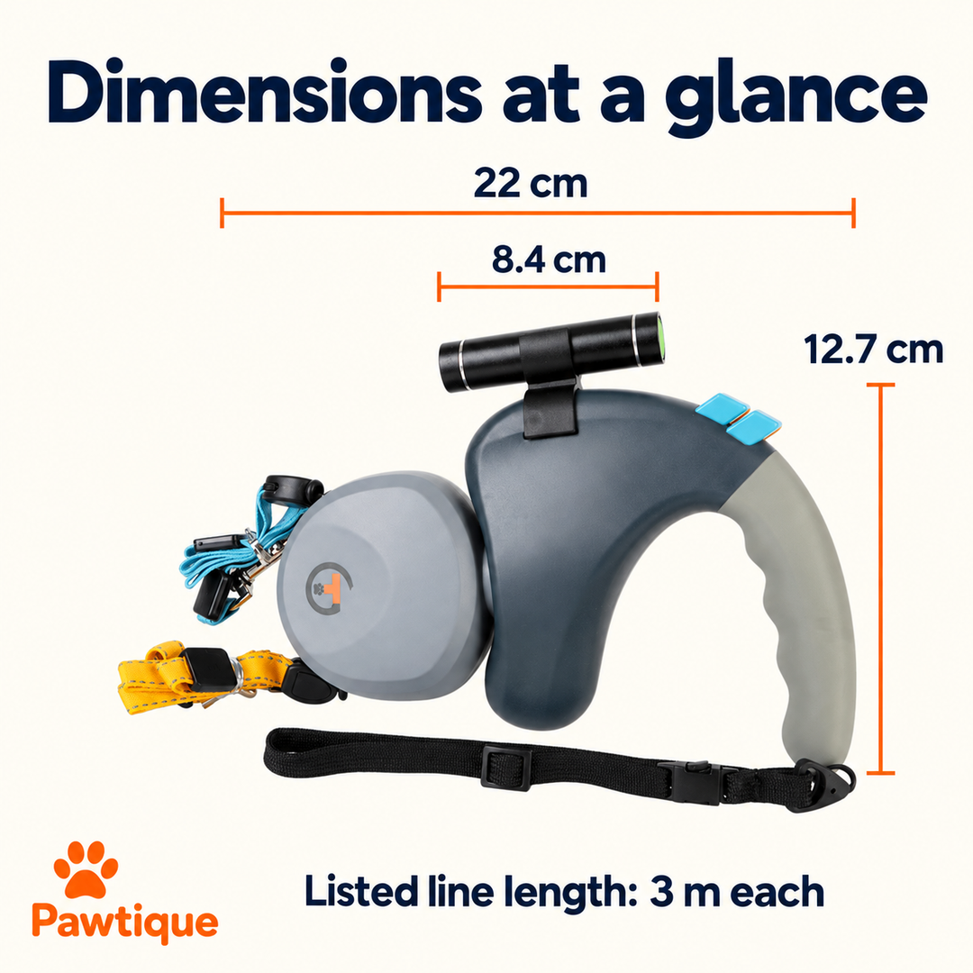 Dual leash dimensions: 22 cm body length, 12.7 cm handle height, 8.4 cm light and listed 3 m lines