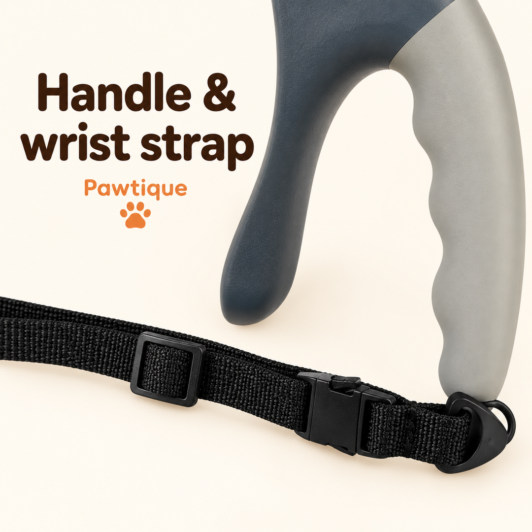 Contoured gray handle with black adjustable buckled wrist strap