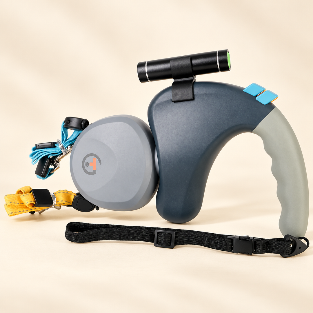 Gray dual retractable dog leash with flashlight, blue and yellow leads, and wrist strap