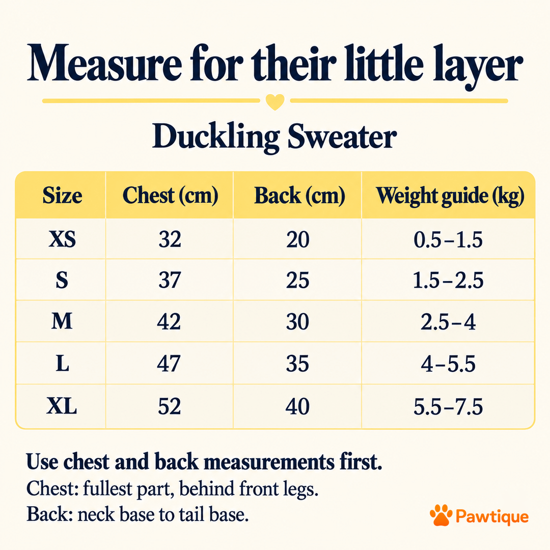 Pawtique Duckling Knit existing size guide