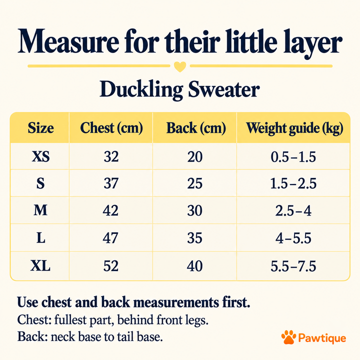 Pawtique Duckling Knit existing size guide