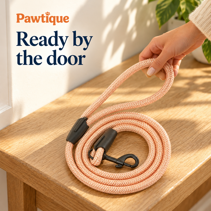 Pink rope dog leash ready to pick up from an entryway bench
