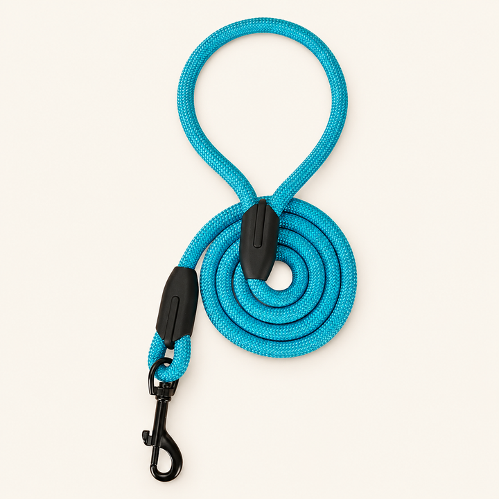 Light blue Easy Control rope dog leash on cream background