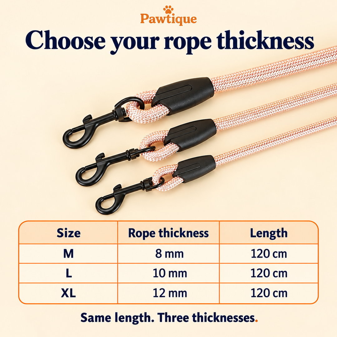 Rope leash size guide: M 8 mm, L 10 mm, XL 12 mm; each 120 cm long