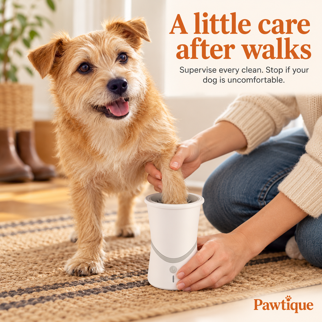 A small dog having one paw cleaned while an adult supports its leg and steadies the paw-cleaning cup