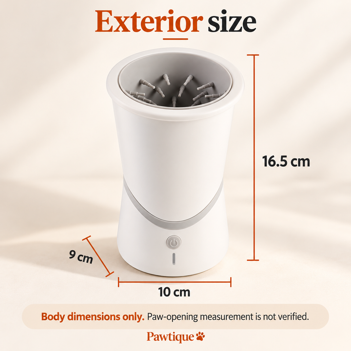 Electric paw cleaner exterior dimensions of approximately 16.5 cm high by 10 cm wide by 9 cm deep; opening size not verified