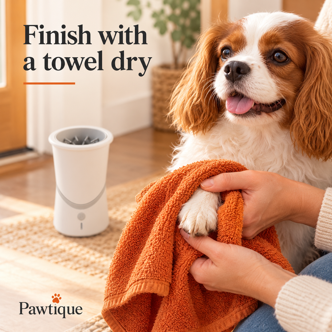 An adult gently towel-dries a dog&