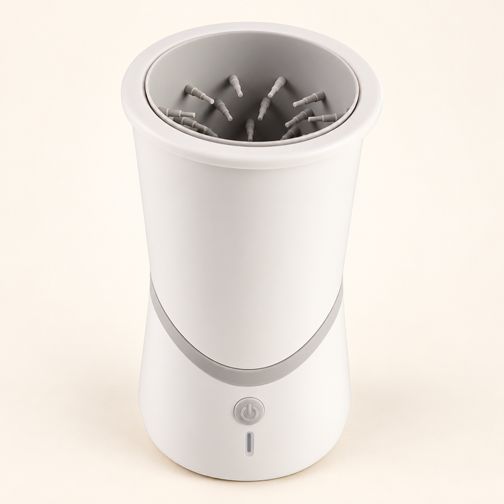 White and grey Pawtique One-Button Electric Paw Cleaner with its open silicone-lined cup on a cream background