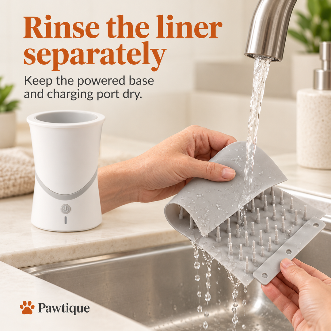 The detached flexible silicone liner rinsed over a sink while the powered paw-cleaner body stays dry on the counter