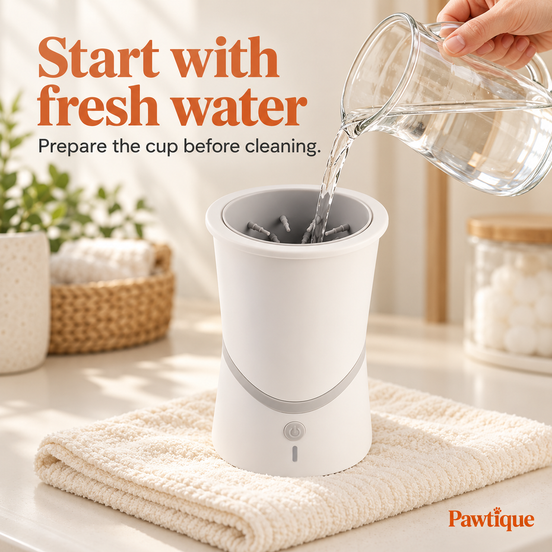 Fresh water poured into the electric paw cleaner while its powered base stays dry