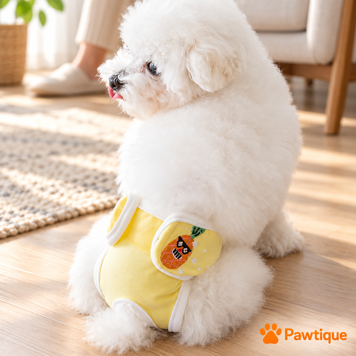 Small white dog wearing yellow pineapple-embroidered reusable diaper pants