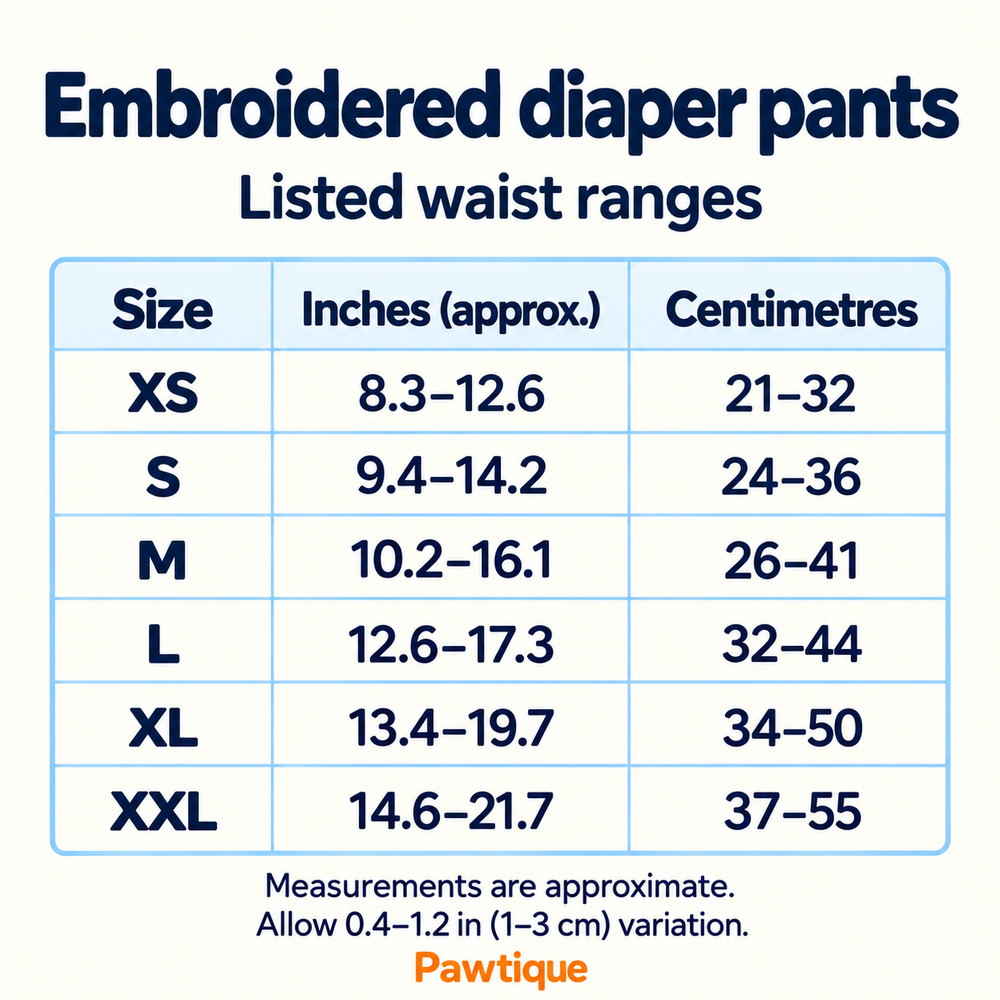 Listed waist ranges for embroidered diaper pants in approximate inches and centimetres.