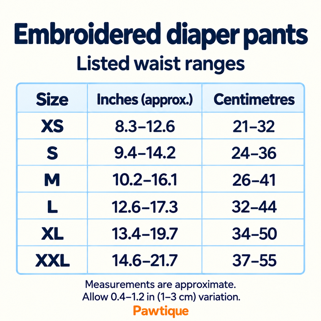 Listed waist ranges for embroidered diaper pants in approximate inches and centimetres.