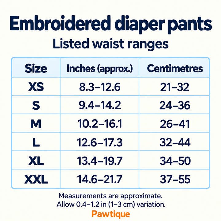 Listed waist ranges for embroidered diaper pants in approximate inches and centimetres.