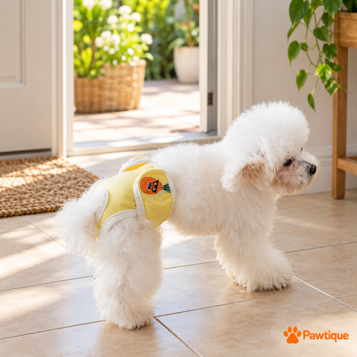 Side view of a small dog wearing yellow reusable diaper pants in a home