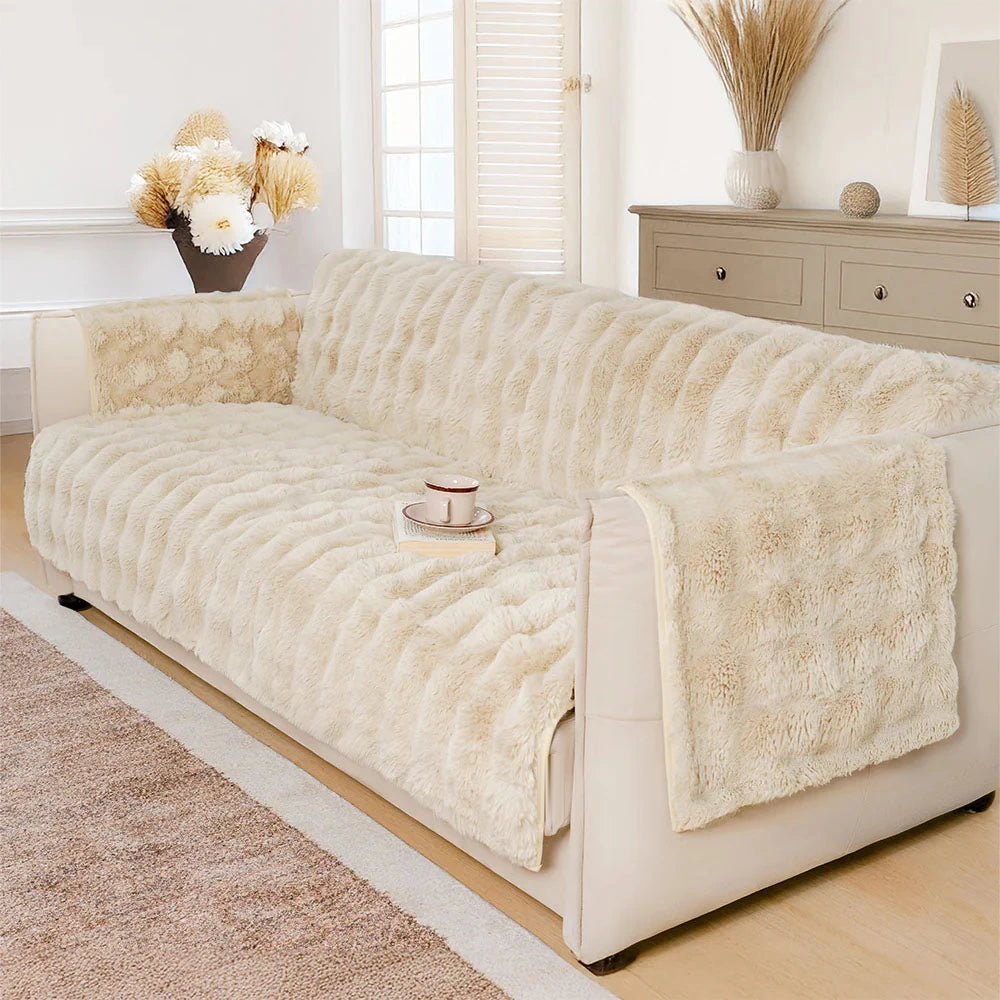 White sofa plush furniture cover in a naturally lit living room; furniture and props not included.