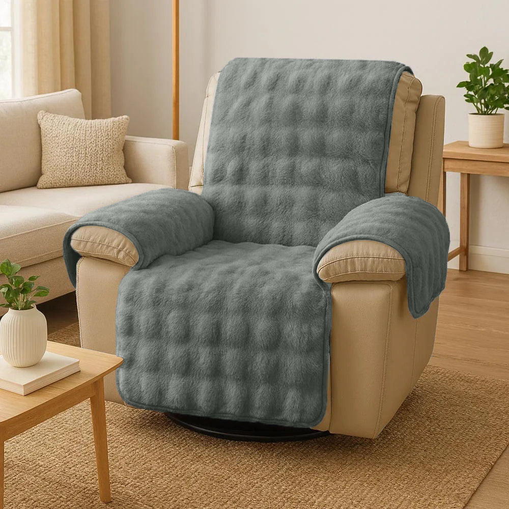 Grey recliner plush furniture cover in a naturally lit living room; furniture and props not included.