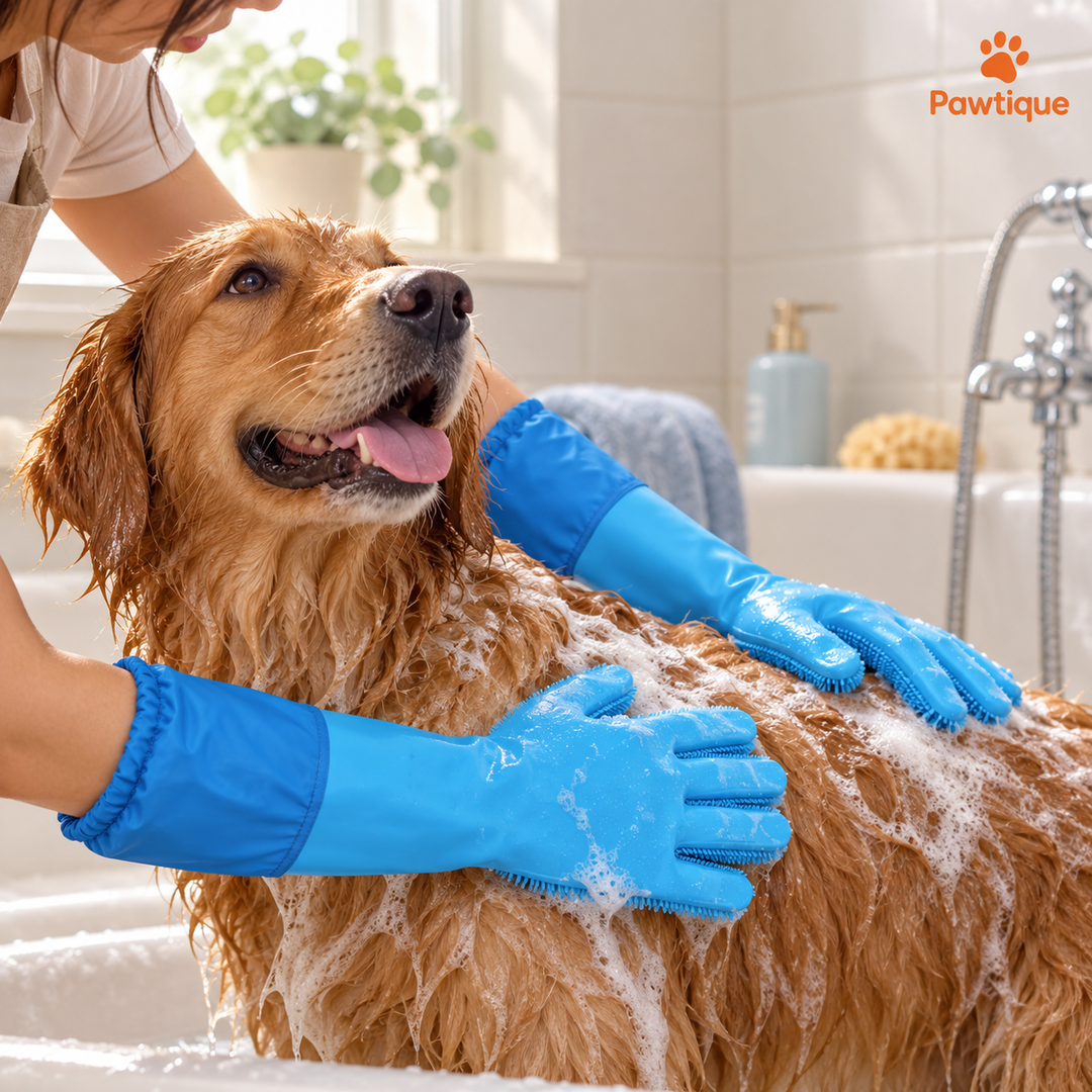 Owner washing a dog with Blue extra-long bathing gloves showing smooth glove backs and gathered cuffs