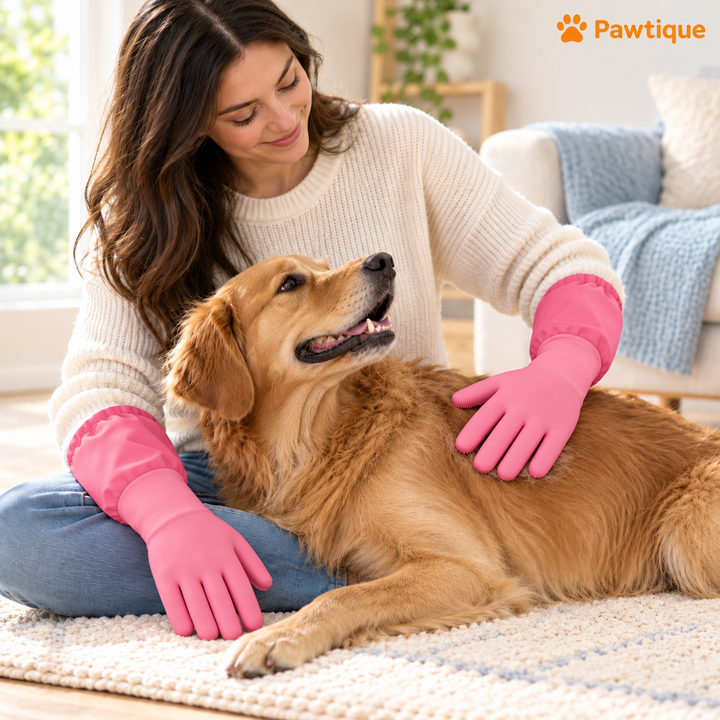 Owner gently grooming dry dog fur with Pink extra-long bristled gloves