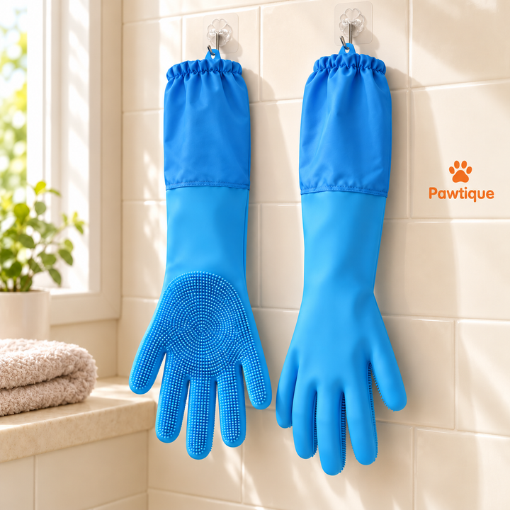 Blue bathing glove pair hanging by the small cuff tabs, showing one bristled palm and one smooth back