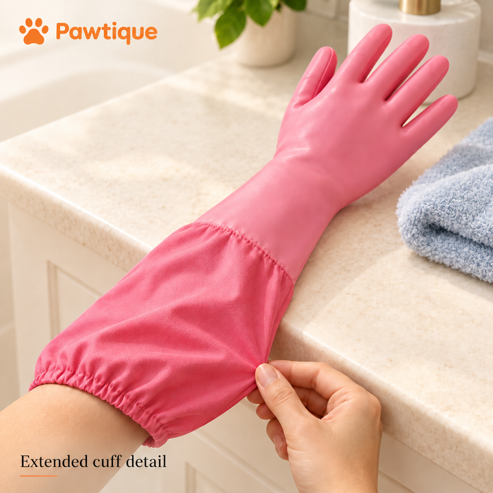 Pink bathing glove fabric forearm sleeve, stitched join and gathered cuff detail