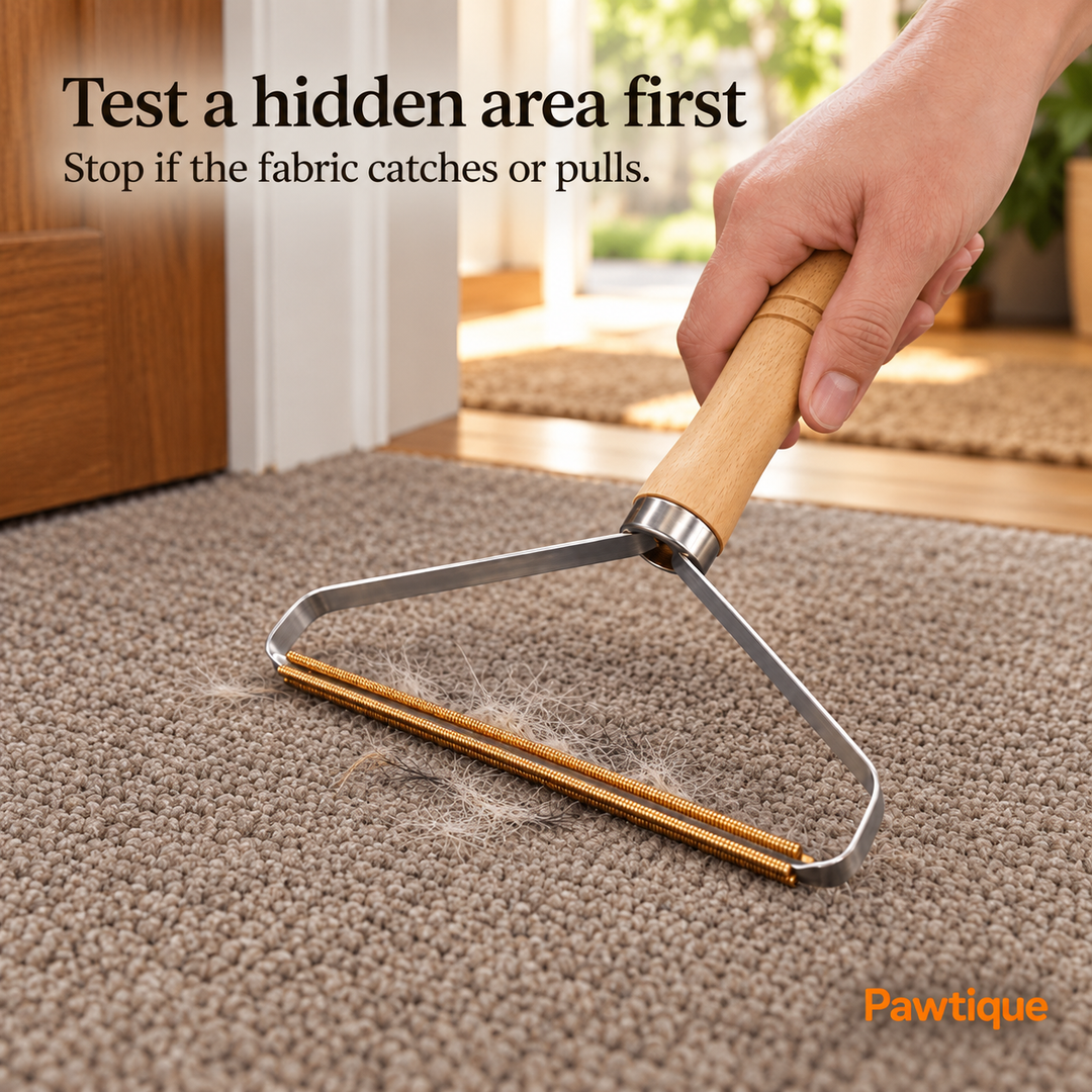 Manual lint scraper shown at a carpet edge with guidance to test a hidden area first and stop if the fabric catches or pulls.