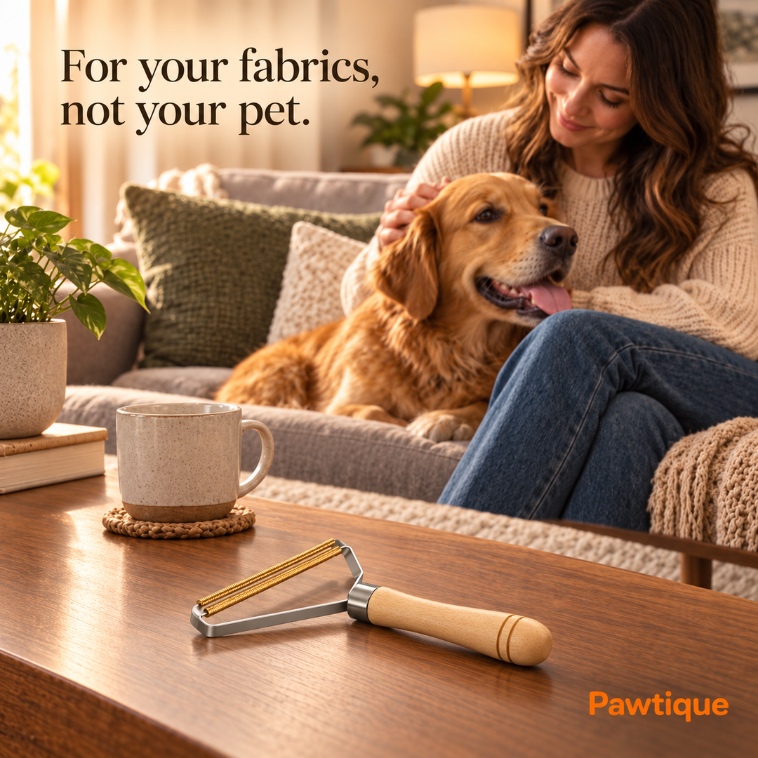 Pawtique fabric lint scraper on a table while an owner pets a dog on the sofa; use on suitable fabrics, not on pets
