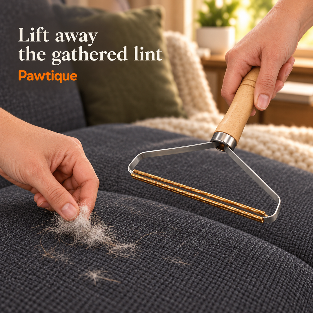 Owner lifting gathered lint off upholstery by hand while holding the manual scraper clear of the fabric.