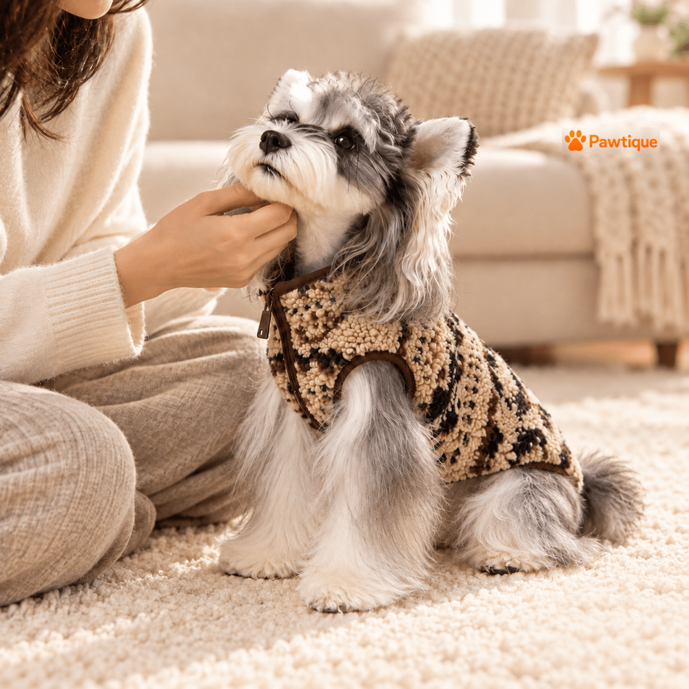 Dog wearing the Fair Isle zip-front vest during a quiet moment with their owner