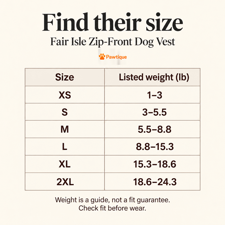 Fair Isle vest listed weight size guide, XS through 2XL; weight is not a fit guarantee