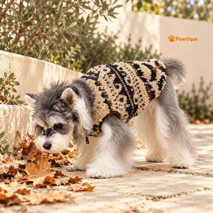 Dog exploring an outdoor path while wearing the Fair Isle vest