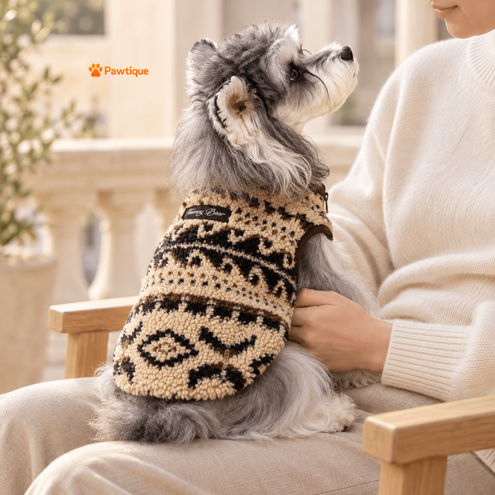 Rear view of the Fair Isle vest while a dog sits beside their owner