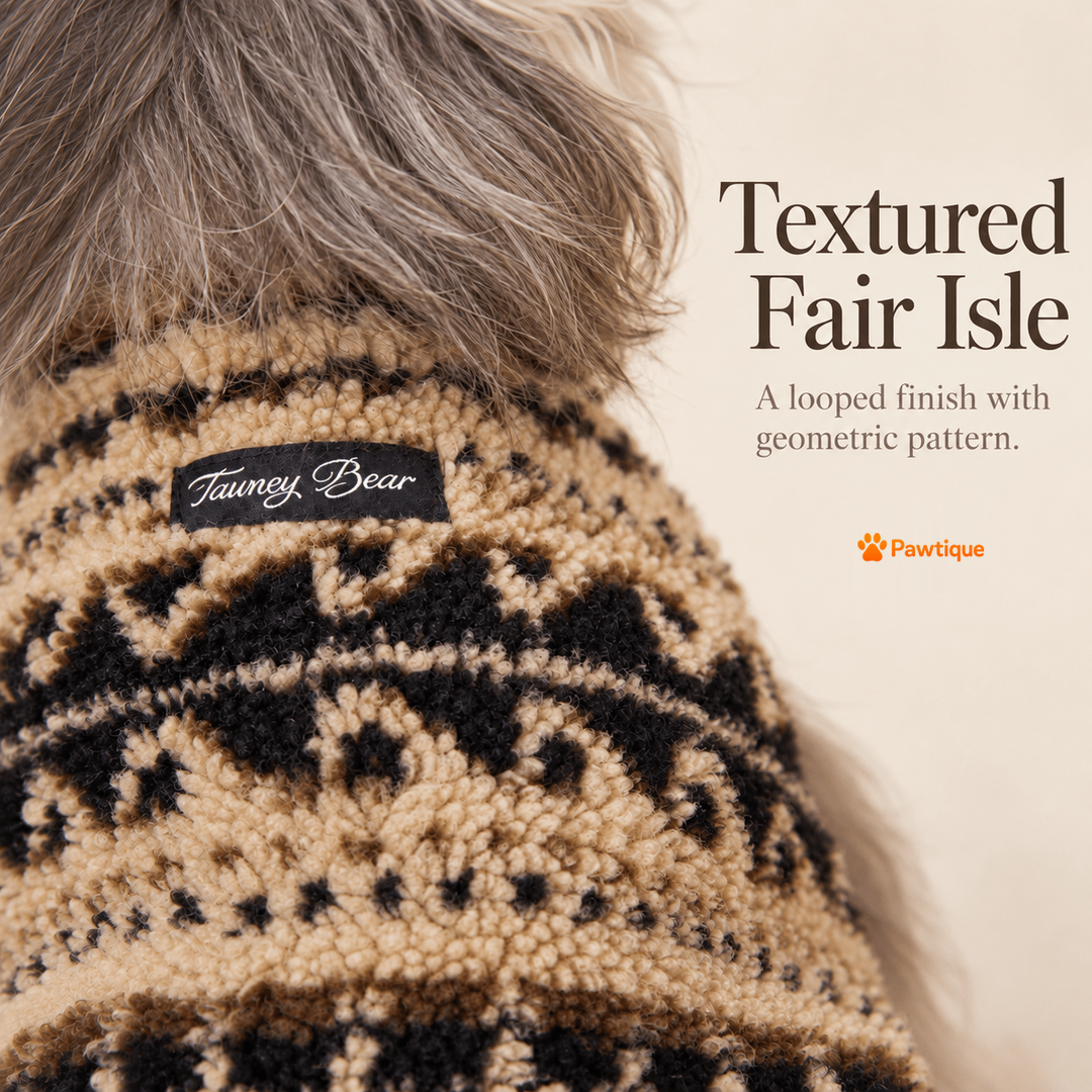 Close-up of looped Fair Isle texture and original sewn Tawney Bear label