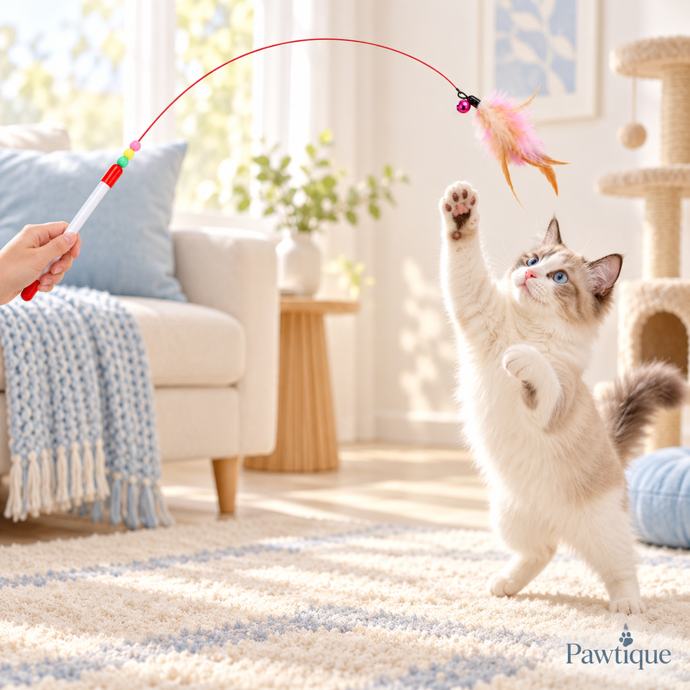 Cat playing with Pawtique steel wire feather teaser