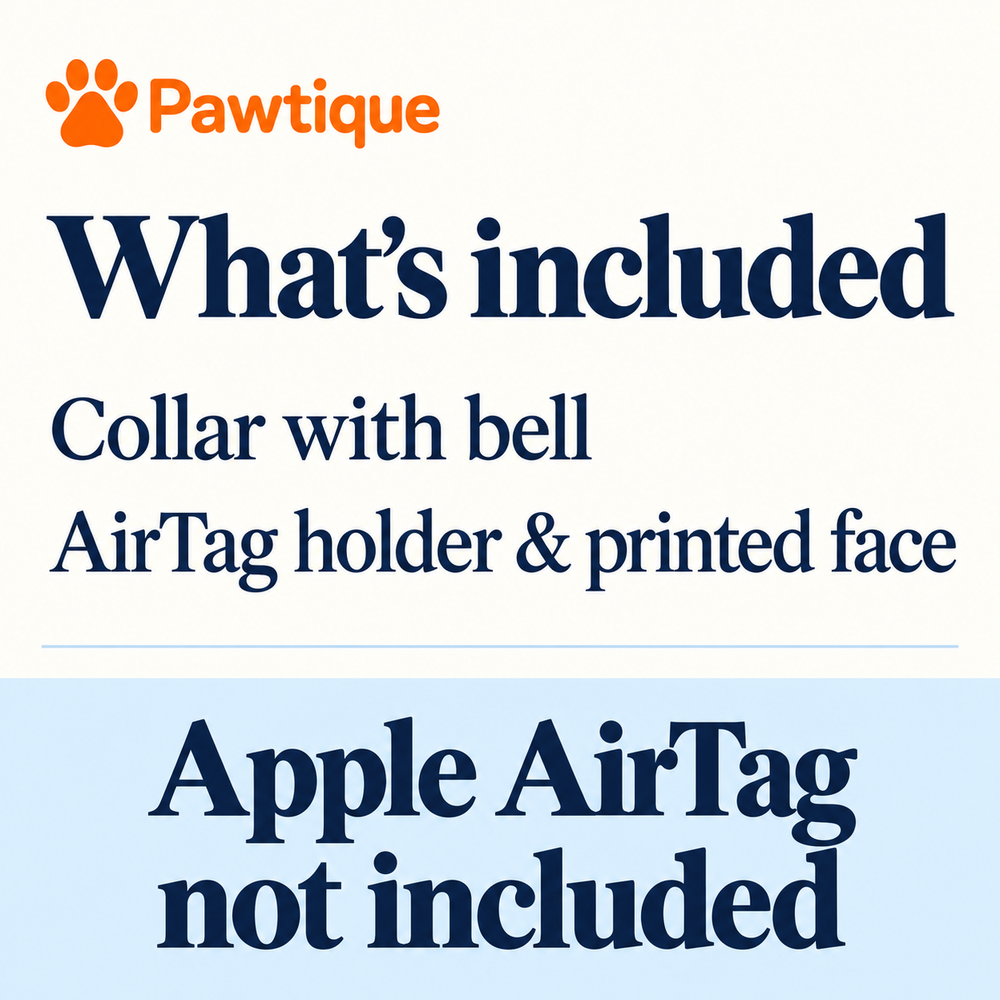 Pawtique FindMe contents: collar with bell, AirTag holder and printed face. Apple AirTag is not included.