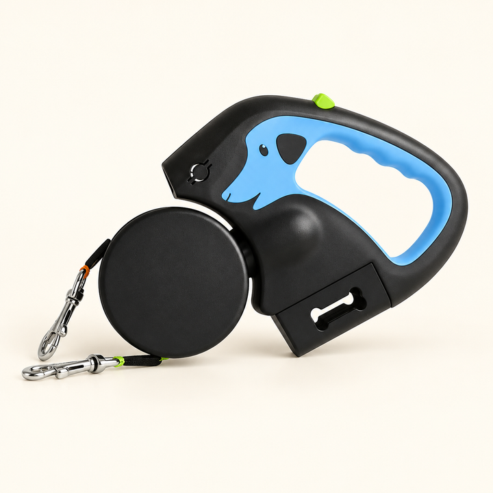 Blue and black dual retractable dog leash with dog-shaped grip, two metal clips and waste-bag compartment on cream background