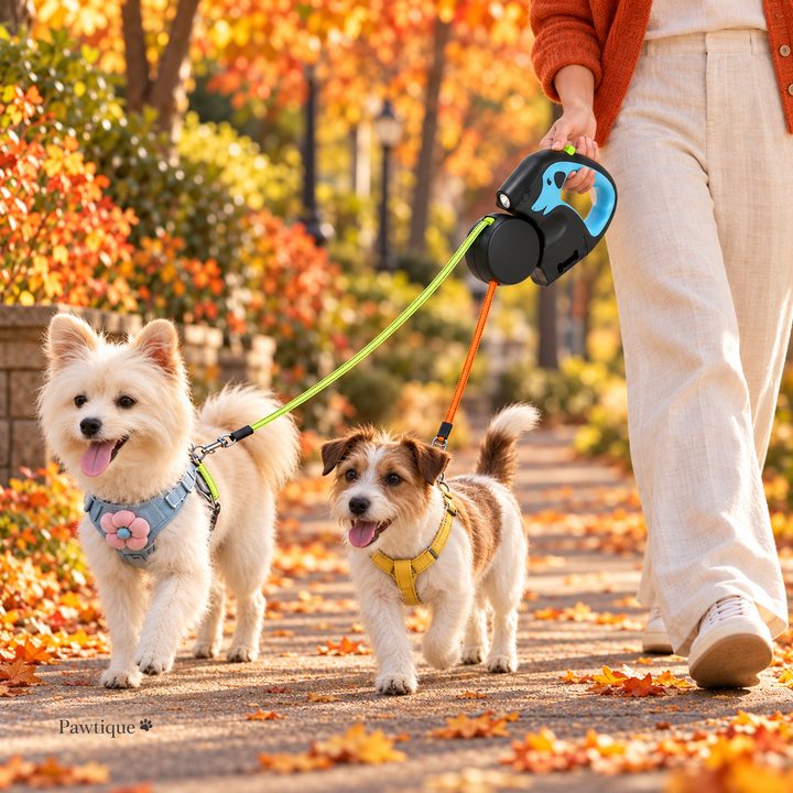 Owner walking two dogs with the blue dual retractable leash and separate orange and green tapes