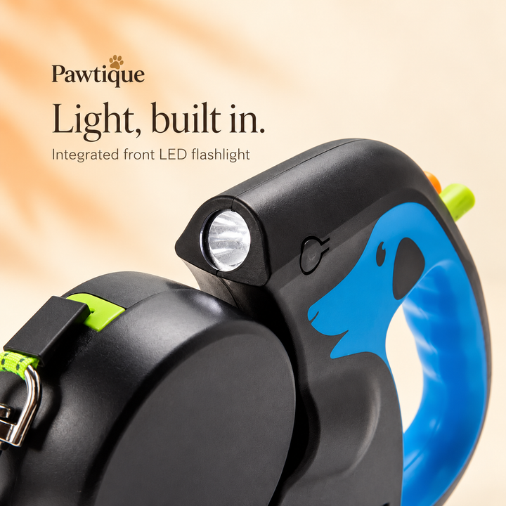 Built-in front LED flashlight and power button on the blue dual retractable leash