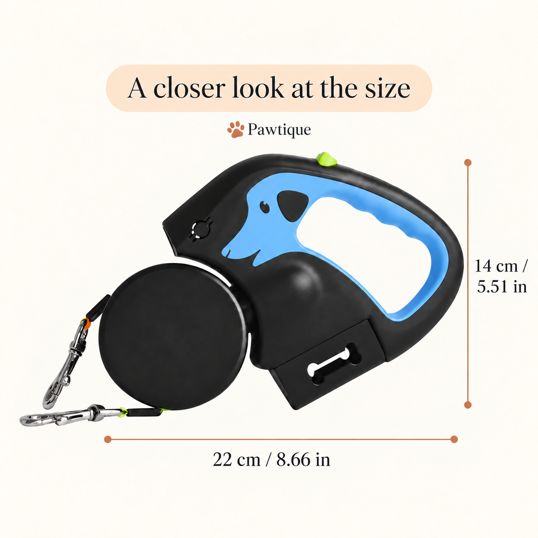 Dual retractable leash body dimensions: 22 by 14 cm, or 8.66 by 5.51 inches