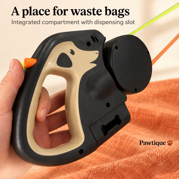 Khaki dual leash held in hand showing the integrated waste-bag compartment and bone-shaped dispensing slot