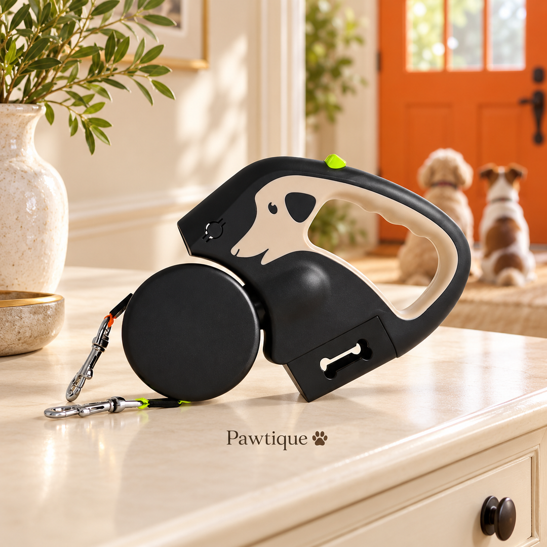 Khaki dual retractable leash ready on an entryway table with two dogs waiting by the door