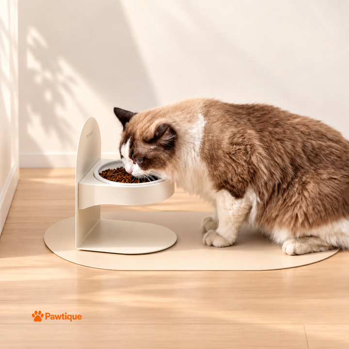 Ragdoll cat eating from a FlexDine elevated ceramic bowl; mat and food are scene props