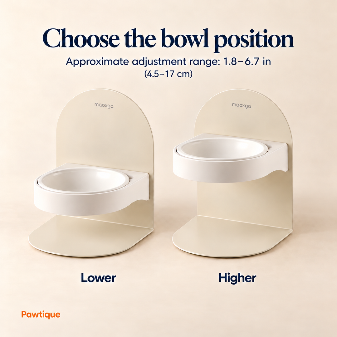FlexDine bowl lower and higher positions with approximate adjustment range 1.8 to 6.7 inches, equivalent to 4.5 to 17 centimeters.