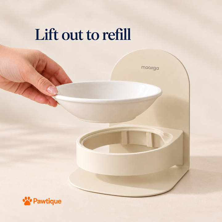 Shallow tapered ceramic bowl lifted from its holder for refilling