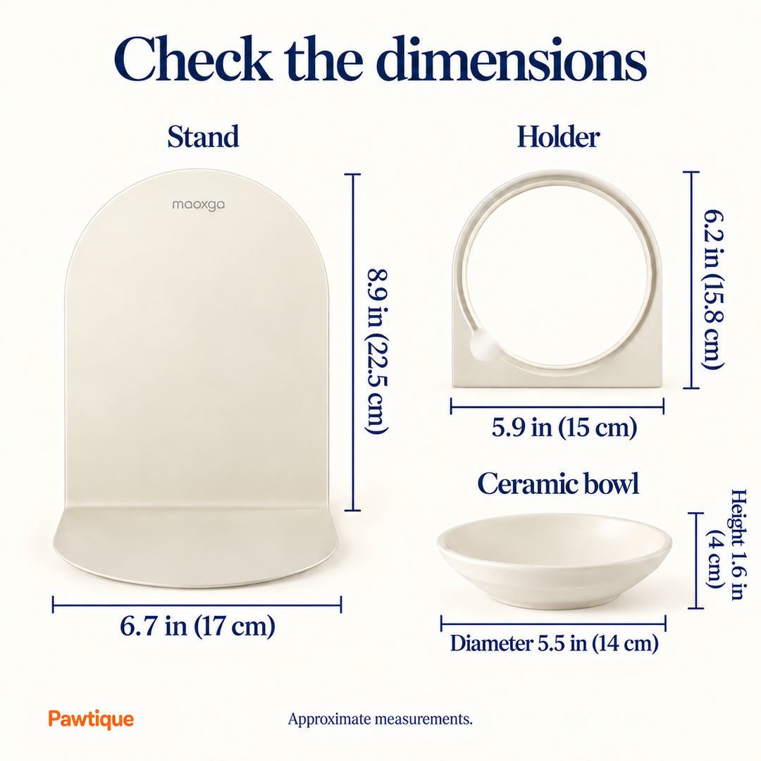 FlexDine component dimensions in inches and centimeters: stand 6.7 inches wide and 8.9 high, holder 5.9 by 6.2, ceramic bowl 5.5 diameter by 1.6 high.