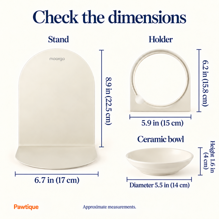 FlexDine component dimensions in inches and centimeters: stand 6.7 inches wide and 8.9 high, holder 5.9 by 6.2, ceramic bowl 5.5 diameter by 1.6 high.